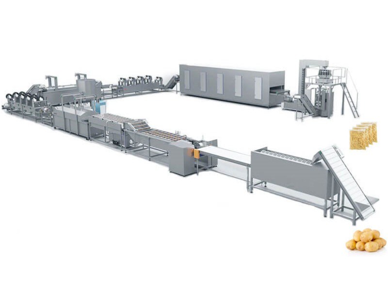 Full compound chips production line equipment overview with dough blending, sheeting, cutting, frying, and seasoning modules
